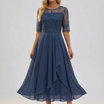Navy lace dress with three-quarter sleeves and embroidered bodice, tiered skirt