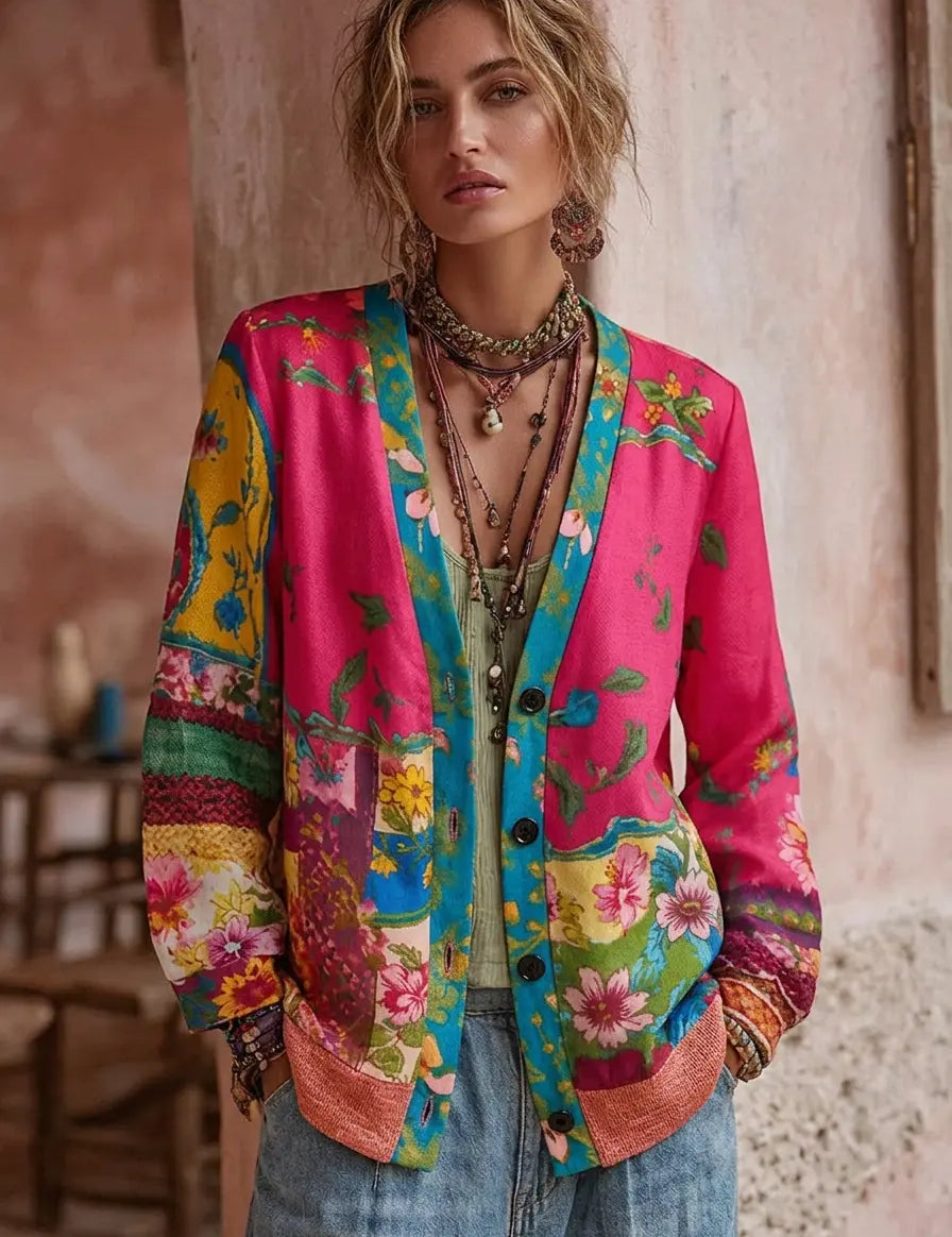 Women's knit cardigan, pink with multicolor floral pattern, open V-neck, long sleeves