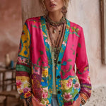 Women's knit cardigan, pink with multicolor floral pattern, open V-neck, long sleeves