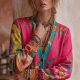 Women's knit cardigan, pink multicolor floral print, buttoned open front, long sleeves