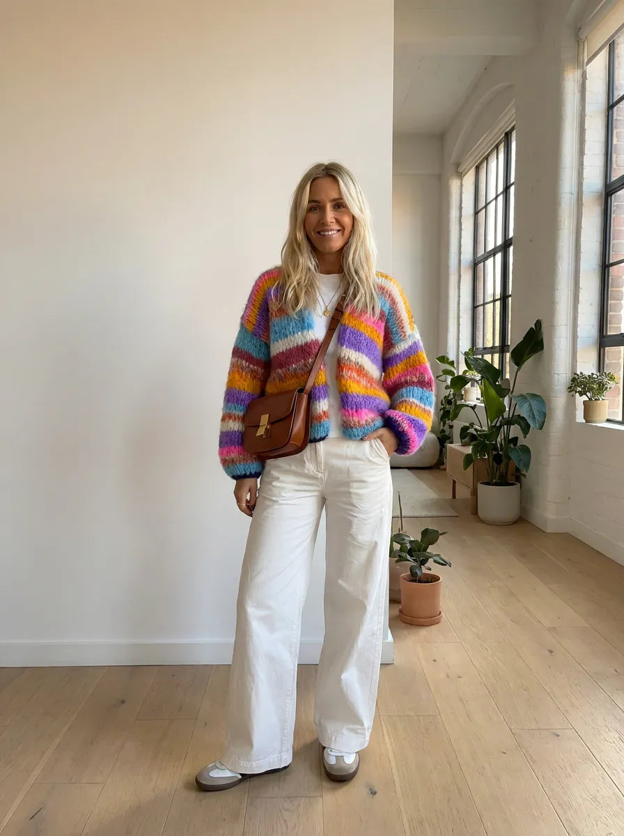 Rainbow striped knit cardigan, fuzzy knit texture, open front with long sleeves