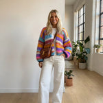 Rainbow striped knit cardigan, fuzzy knit texture, open front with long sleeves