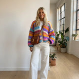 Rainbow striped knit cardigan, fuzzy knit texture, open front with long sleeves