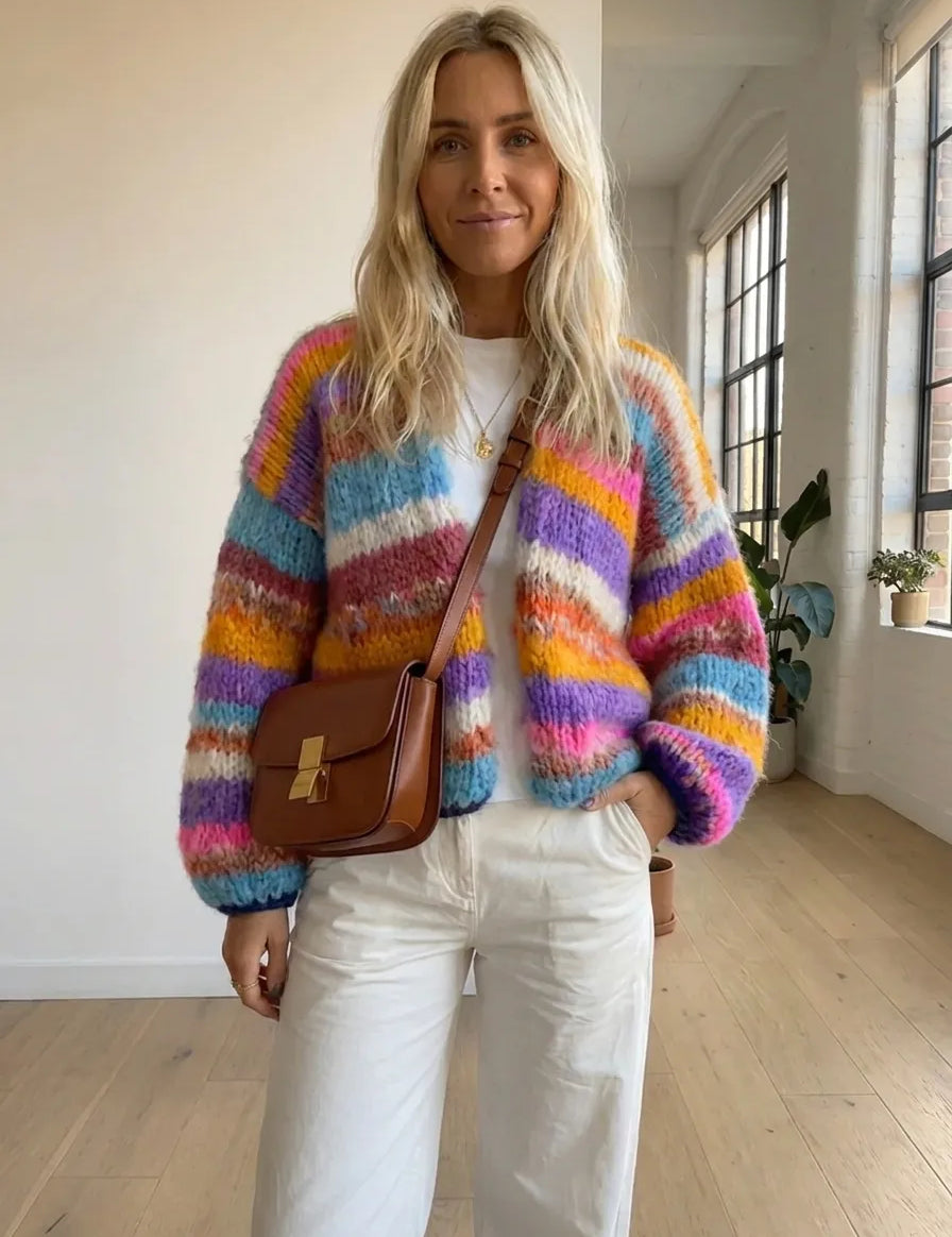 Rainbow striped knit cardigan with fuzzy texture, open front and long sleeves