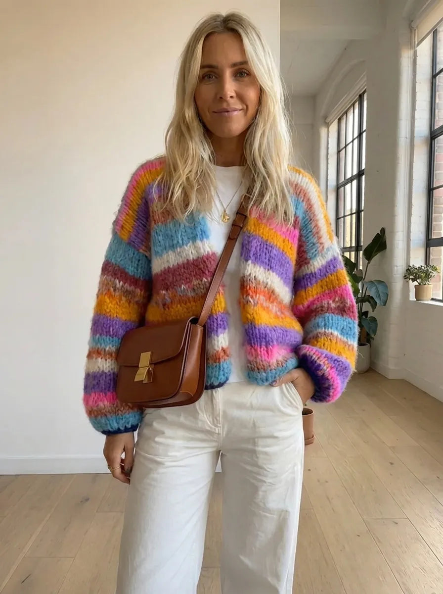 Rainbow striped knit cardigan with fuzzy texture, open front and long sleeves