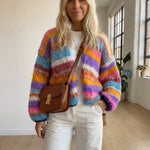 Rainbow striped knit cardigan with fuzzy texture, open front and long sleeves
