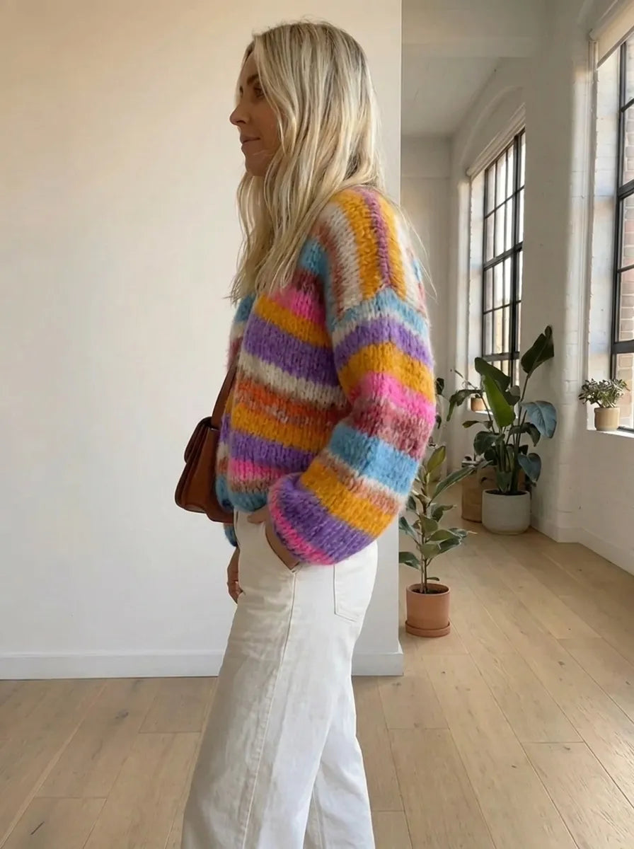 Multicolor striped fuzzy knit cardigan, long sleeves and open front