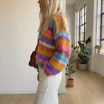 Multicolor striped fuzzy knit cardigan, long sleeves and open front