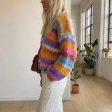 Multicolor striped fuzzy knit cardigan, long sleeves and open front