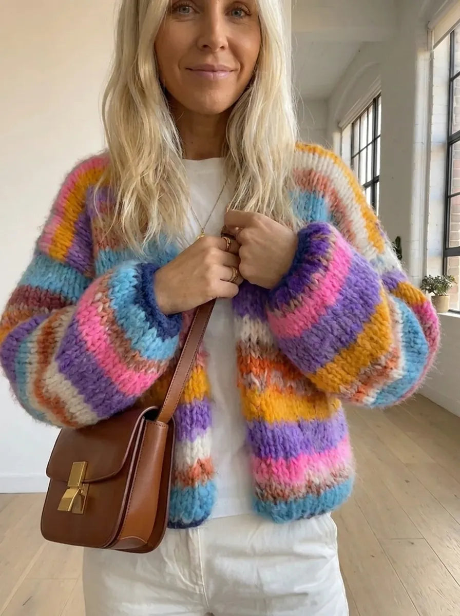Rainbow striped fuzzy knit cardigan with open front and wide cuffs