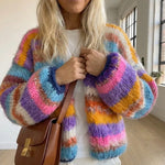 Rainbow striped fuzzy knit cardigan with open front and wide cuffs