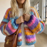 Rainbow striped fuzzy knit cardigan with open front and wide cuffs
