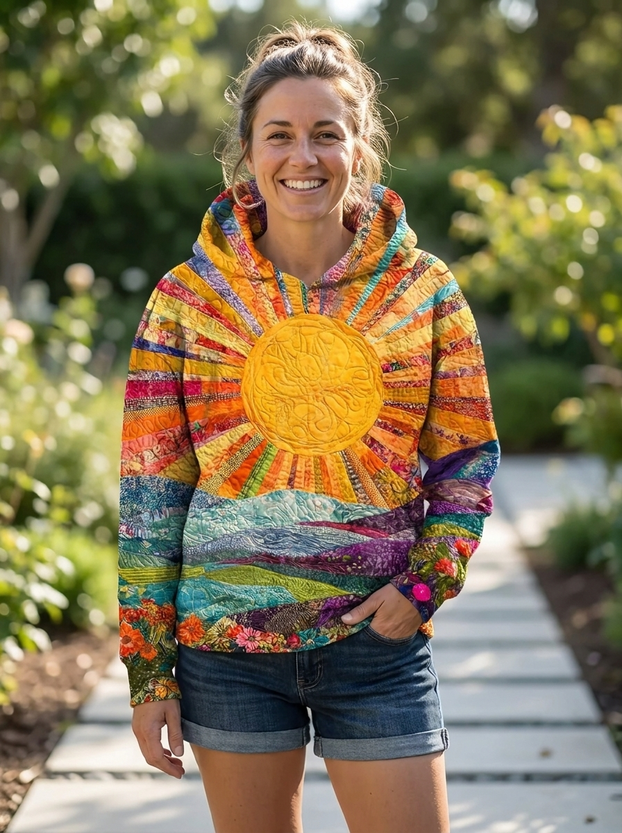 Colorful sunrise hoodie with large embroidered sun graphic, hood and front pocket