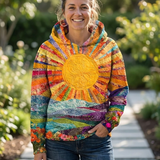 Colorful sunrise hoodie with large embroidered sun graphic, hood and front pocket