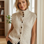 Sleeveless beige cardigan with mock neck, fuzzy knit and front buttons