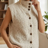 Sleeveless beige fuzzy cardigan with mock neck and long button-front opening