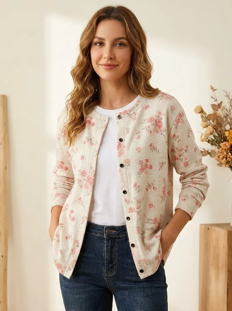 Floral button cardigan in cream with pink rose print, long sleeves, black buttons