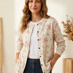 Floral button cardigan in cream with pink rose print, long sleeves, black buttons