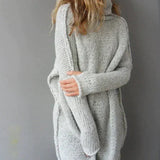 Women’s plus-size gray pullover sweater with high neck, cable-knit texture, long sleeves