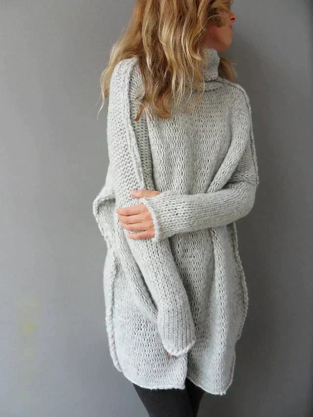 Women’s plus-size gray pullover sweater with high neck, cable-knit texture, long sleeves