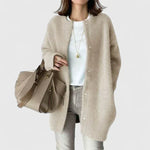Beige fuzzy open-front cardigan jacket with button placket, long sleeves, side pockets