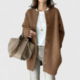 Camel fuzzy button-front cardigan jacket with long sleeves and side pockets