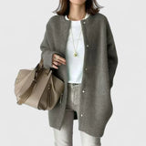 Dark gray-green fuzzy button-front cardigan jacket with long sleeves and side pockets