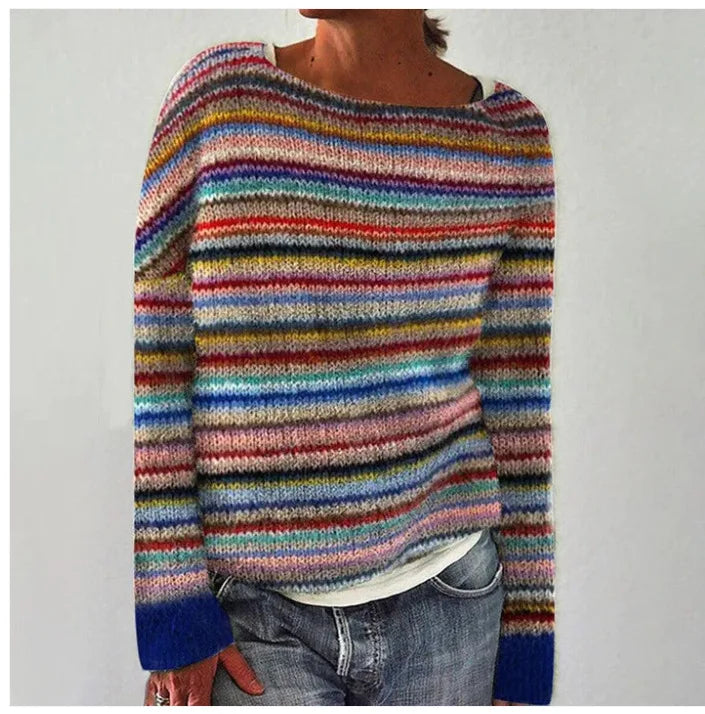 Retro pullover sweater with multicolor horizontal stripes and crew neckline