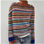 SILVIA retro pullover in multicolor horizontal stripes with a round ribbed neckline.