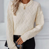 Cream chevron cable knit sweater with crew neck and ribbed cuffs