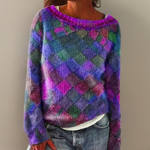 Purple fuzzy pullover sweater with diamond pattern, crew neck and long sleeves