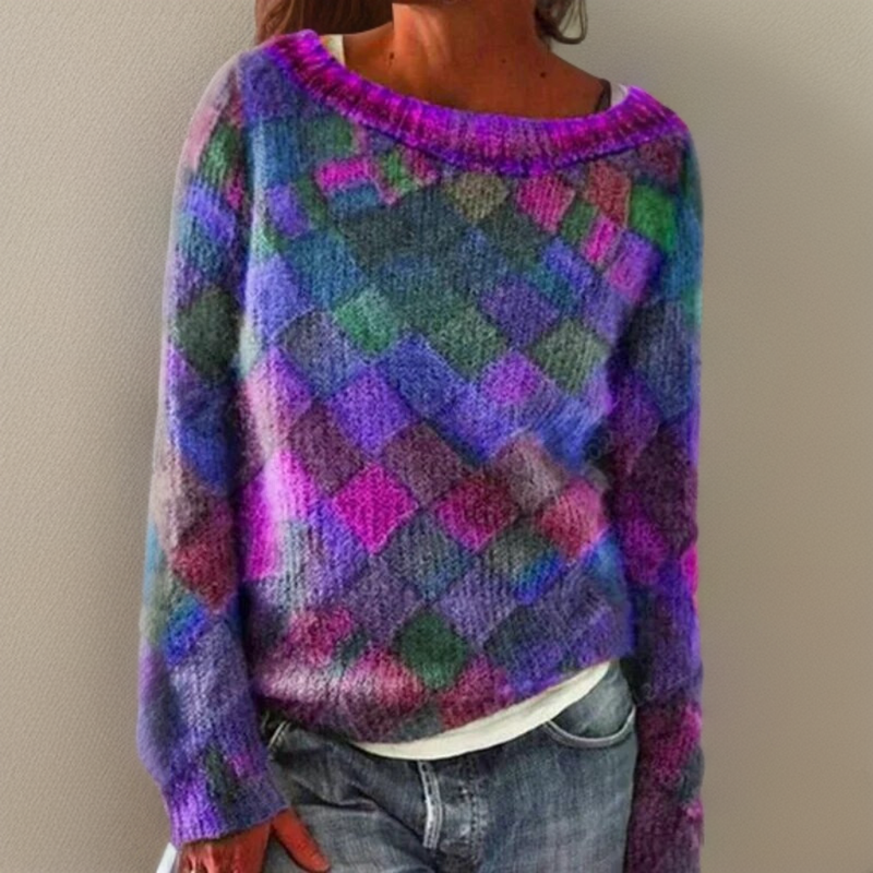 Purple fuzzy pullover sweater with diamond pattern, crew neck and long sleeves