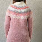 Light pink knit sweater with fair isle yoke pattern, crew neck, back view