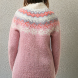 Light pink knit sweater with fair isle yoke pattern, crew neck, back view