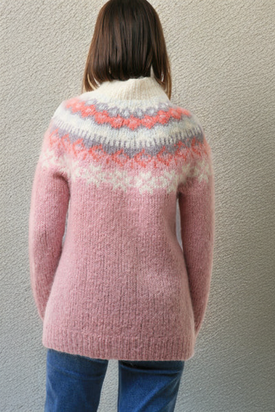 Light pink knit sweater with fair isle yoke pattern, crew neck, back view