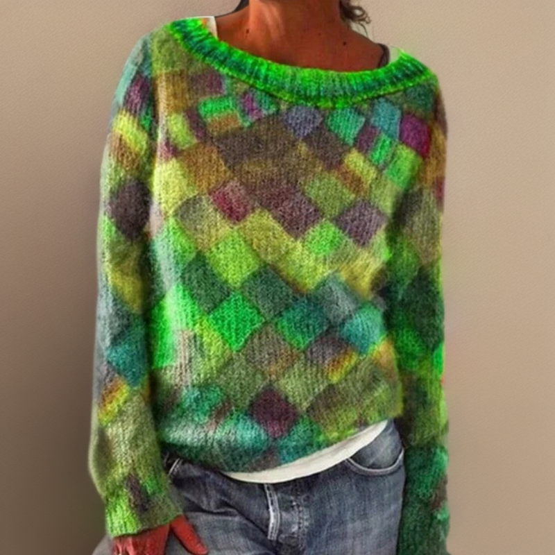 Green diamond-pattern crewneck pullover sweater, long sleeves