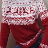 Red and white fair isle turtleneck pullover sweater with long sleeves