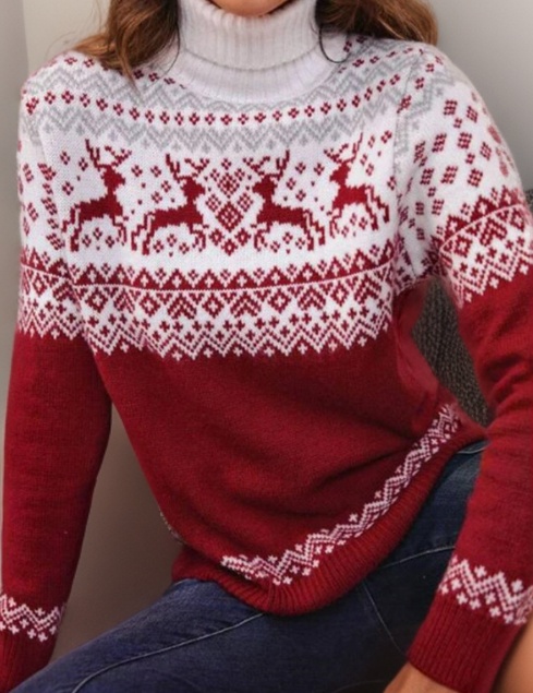 Red and white fair isle turtleneck pullover sweater with long sleeves