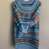 Clari loose-knit sweater, multicolor fair-isle pattern in blue, brown, teal