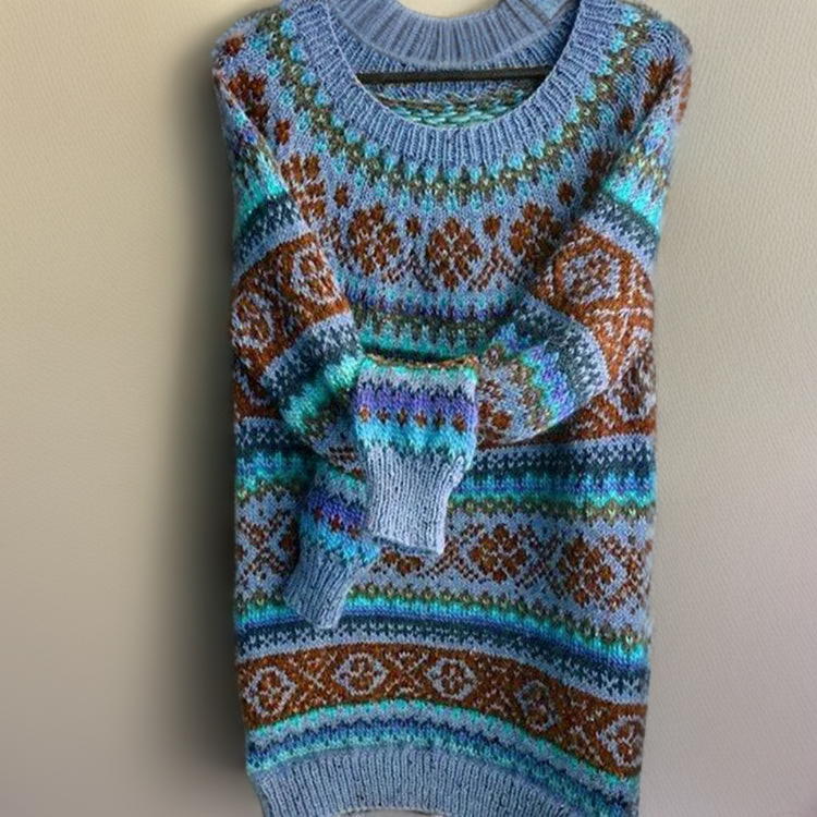 Clari loose-knit sweater, multicolor fair-isle pattern in blue, brown, teal