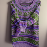 Clari loose-knit sweater, multicolor fair-isle pattern in purple and green