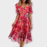 Breathable V-neck dress in bright pink with floral print, short sleeves