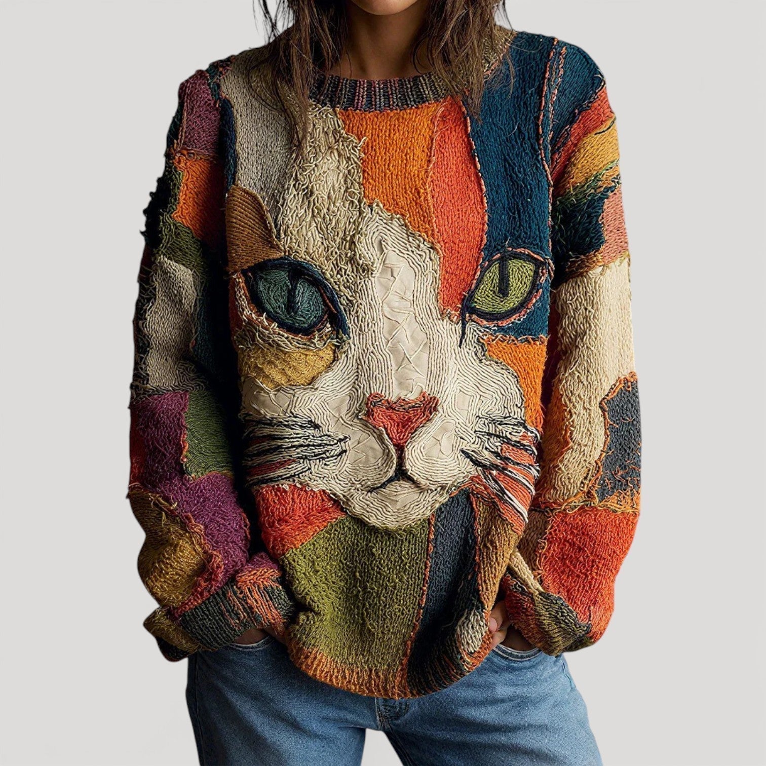 Multicolor knitted sweater with cat face graphic and long sleeves