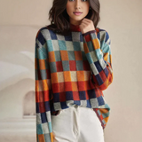 Plaid turtleneck sweater with multicolor checks and ribbed cuffs, long sleeves