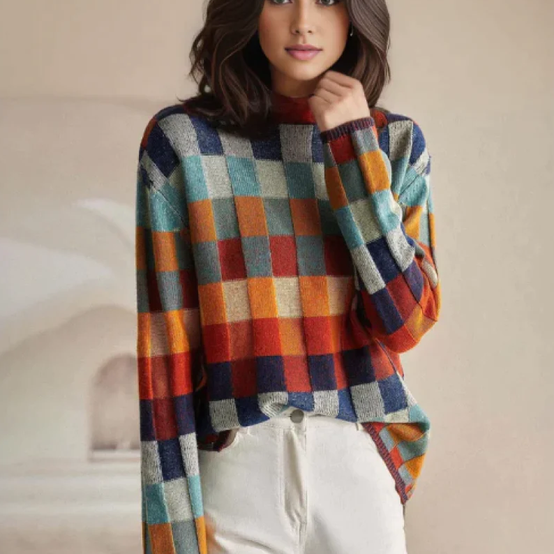 Plaid turtleneck sweater with multicolor checks and ribbed cuffs, long sleeves