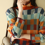 Plaid turtleneck sweater with long sleeves and high ribbed collar in multicolor checks