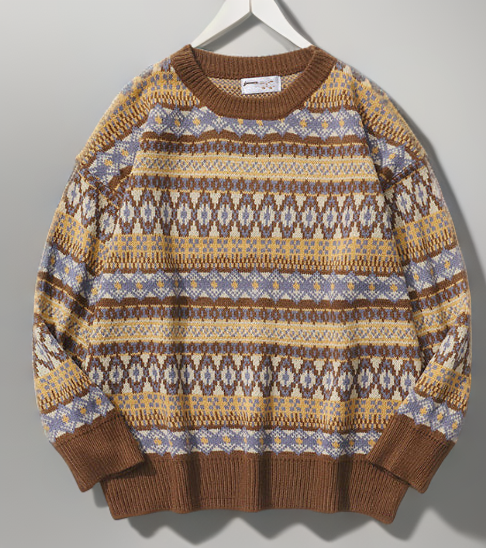 Andree knit pullover with geometric pattern, khaki and brown crewneck