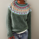 Jasmina vintage-style knit pullover with dark green body and multicolor fair isle yoke