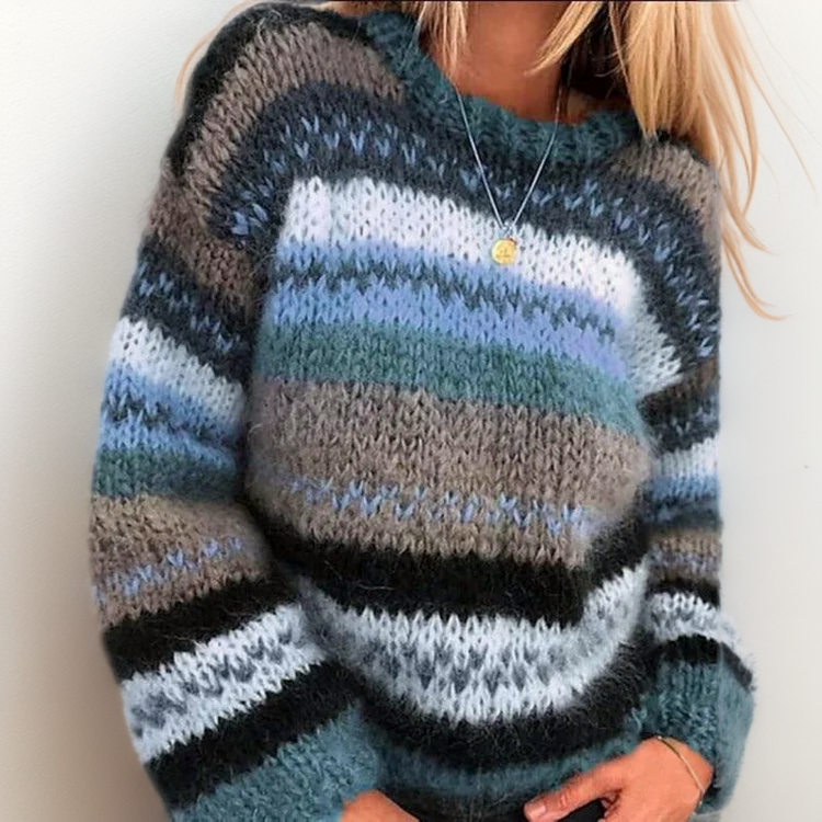 Striped knitted pullover with crew neck in dark blue, teal, gray, and cream blocks