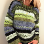 Striped knitted pullover with crew neck in green, lime, blue-gray, and cream blocks
